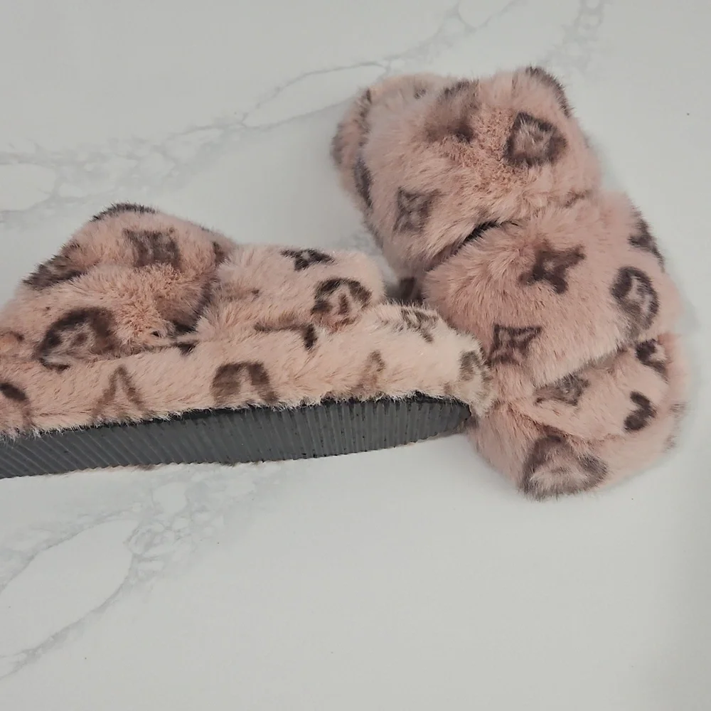 Fuzzy Pink And Brown Monogram Slippers Size 7 - Picture 2 of 6